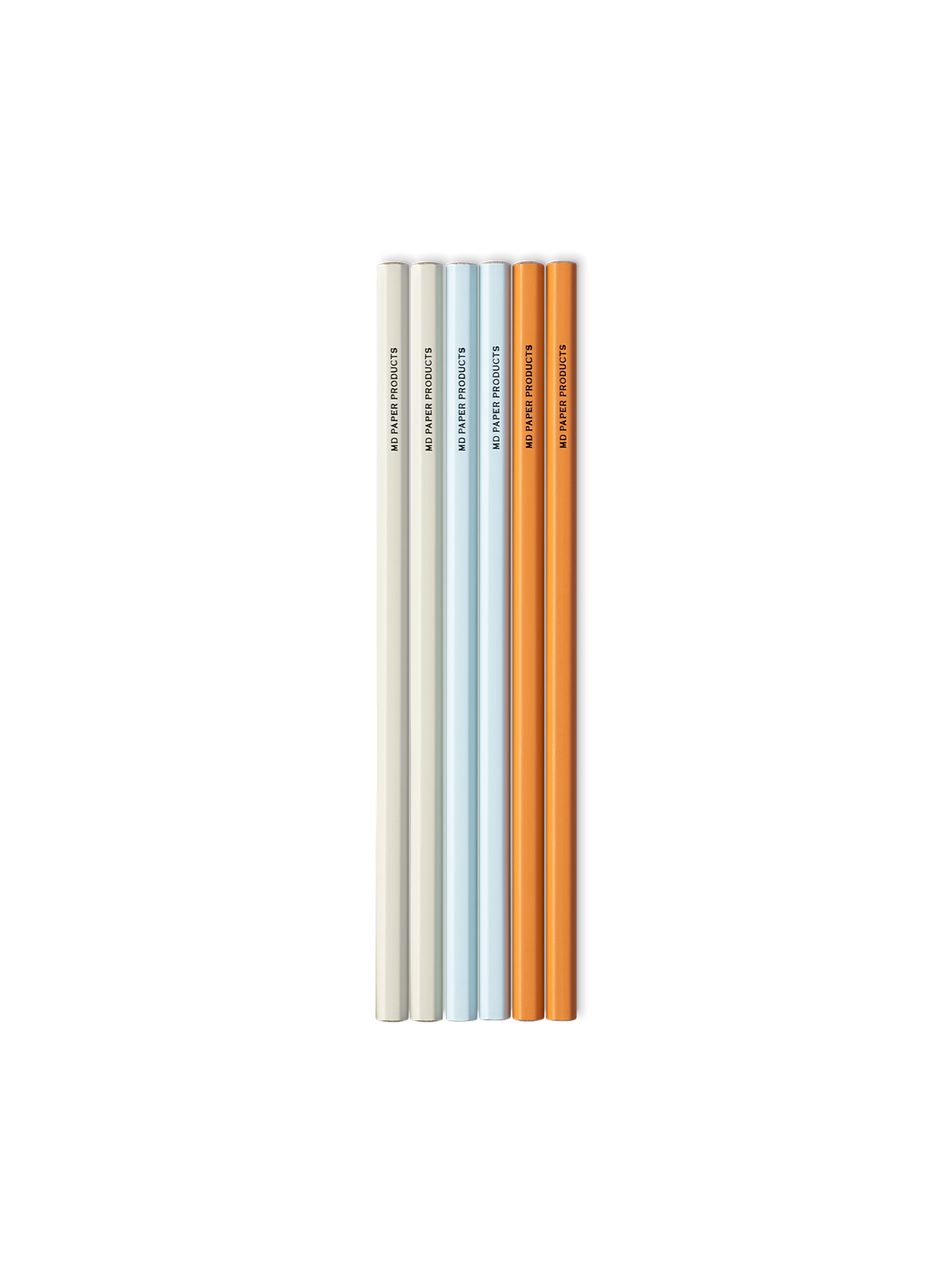  Midori Color Pencil Set of 6 colored pencils in 3 colors - classic graphite gray, light blue, and orange outside packaging