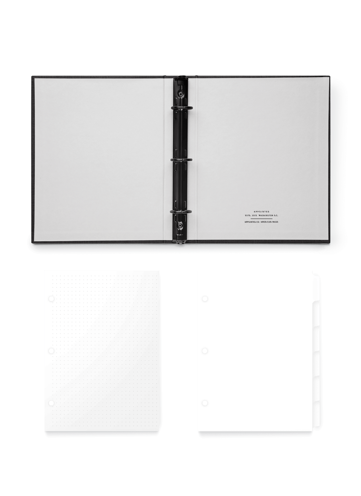 Appointed Charcoal Compact Binder open flat with Dot Grid Inserts and Tabs, front view. || Charcoal Gray
