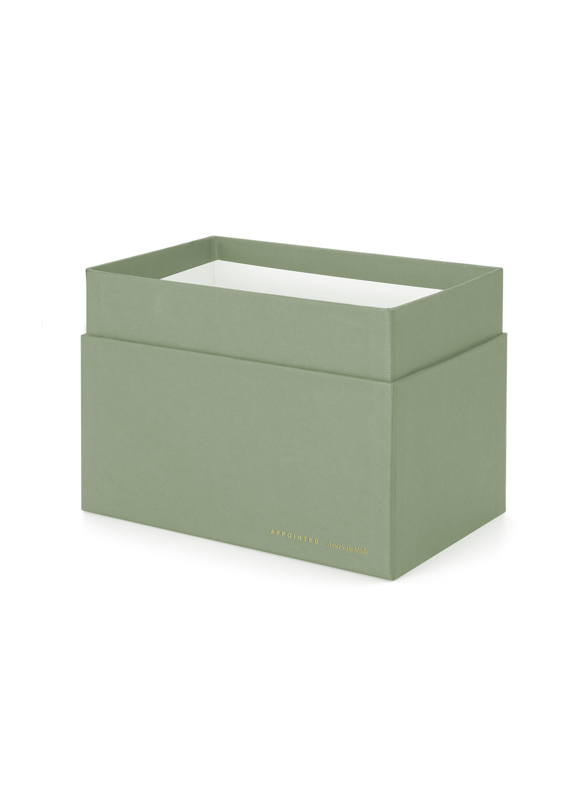 Diagonal view of onyx storage box, lid off|| Sage Green