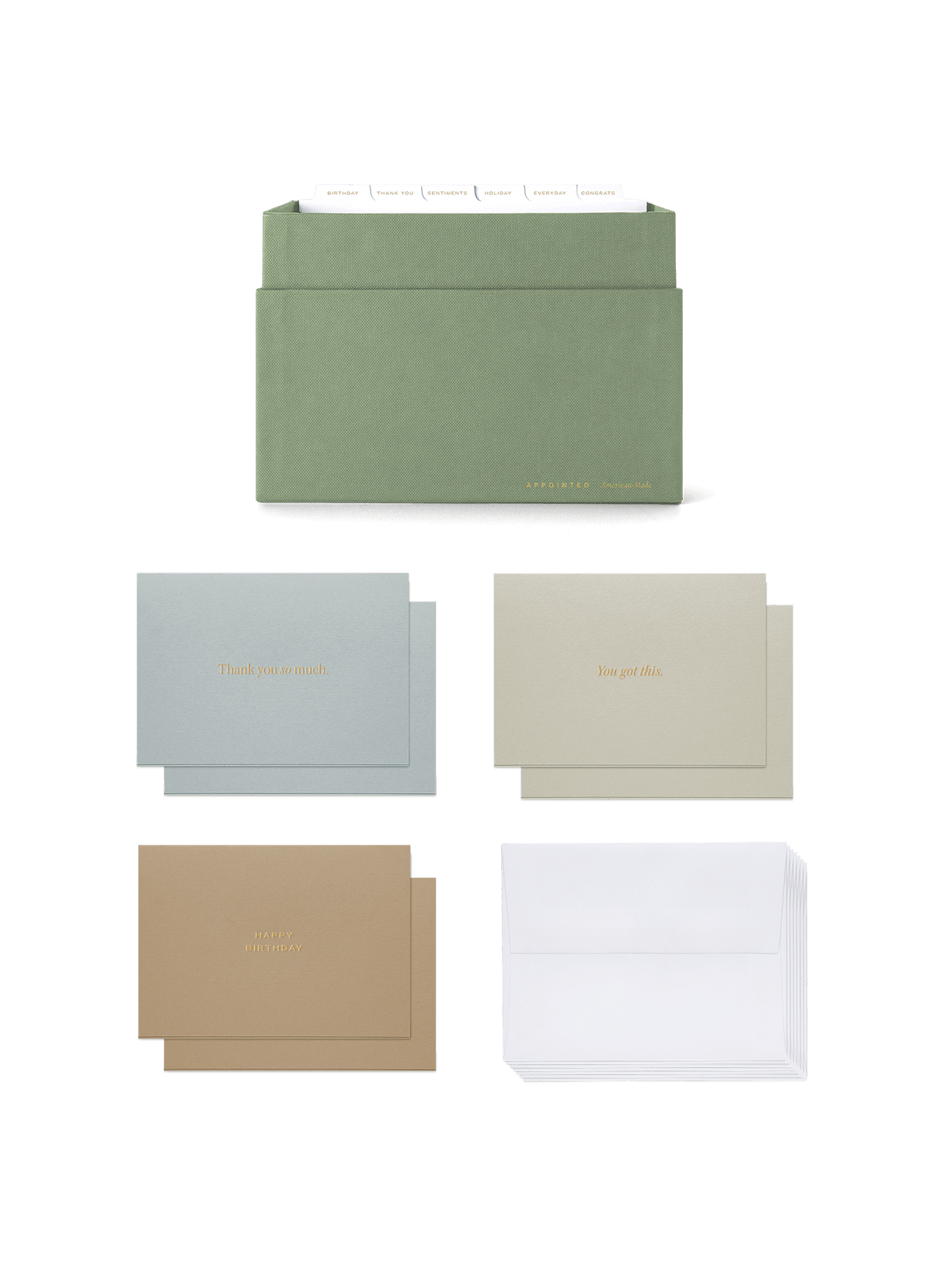 Eye-level view of Sage Card Keeper, lid off and tabs showing and birds eye view of included cards || Sage Green