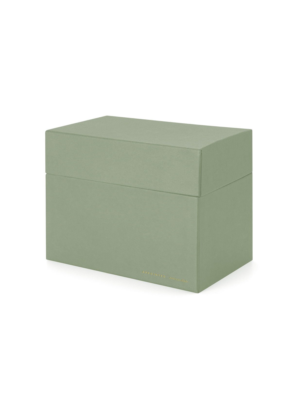 Eye-level view of desktop storage box, lid on|| Sage Green