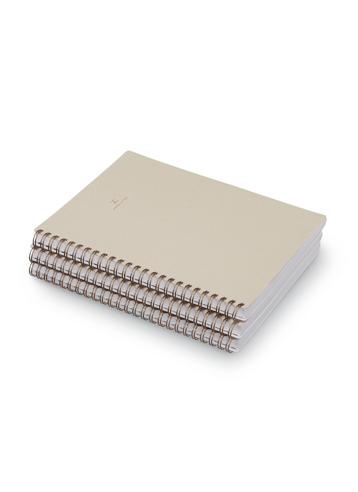 Appointed Workbook in Natural Linen bookcloth with brass wire-o binding stacked front angled view
