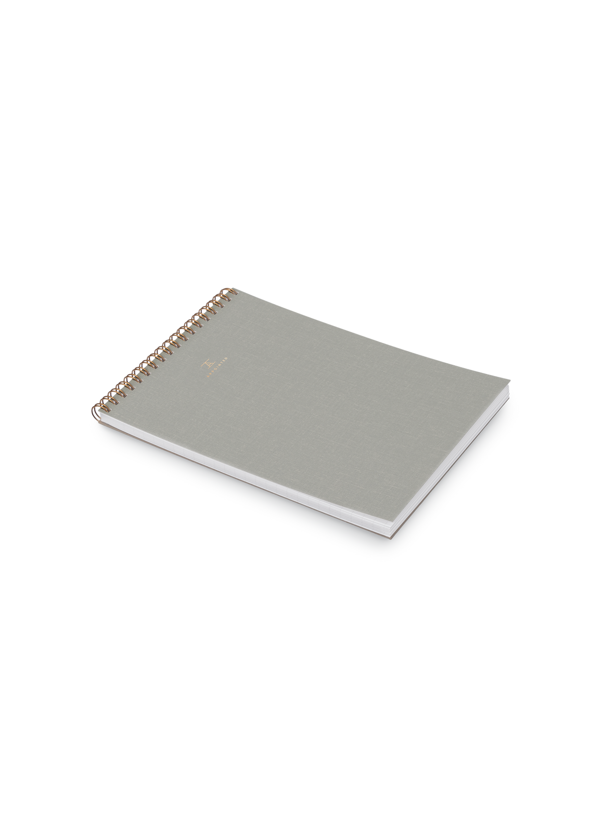 Appointed Office Notepad in Dove Gray bookcloth with brass wire-o binding front angled view