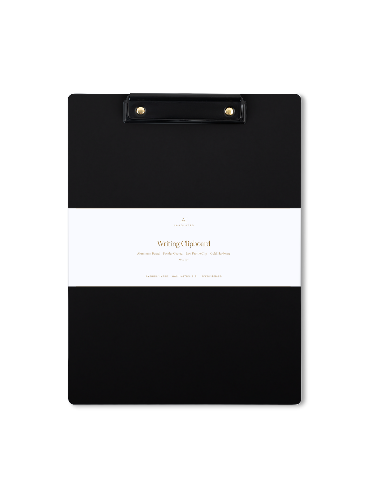 Overhead shot of semi-matte onyx writing clipboard in Appointed packaging || Onyx