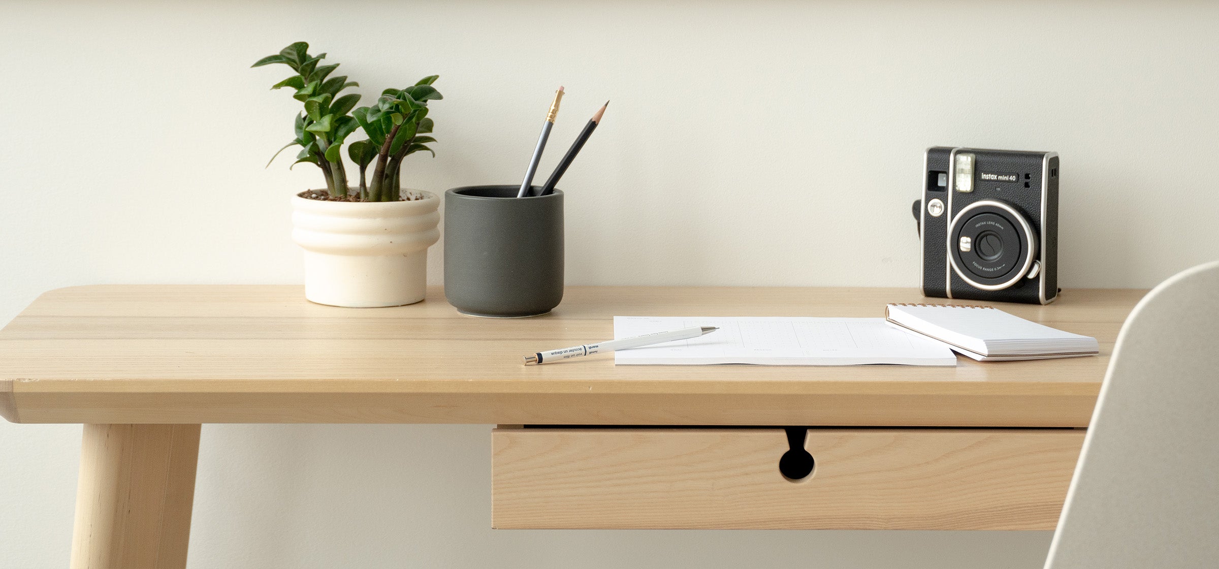 A calm desk scene shows a light wood desk with a small potted plant, dark gray pencil cup, vintage camera, and a few desk pads and accessories.