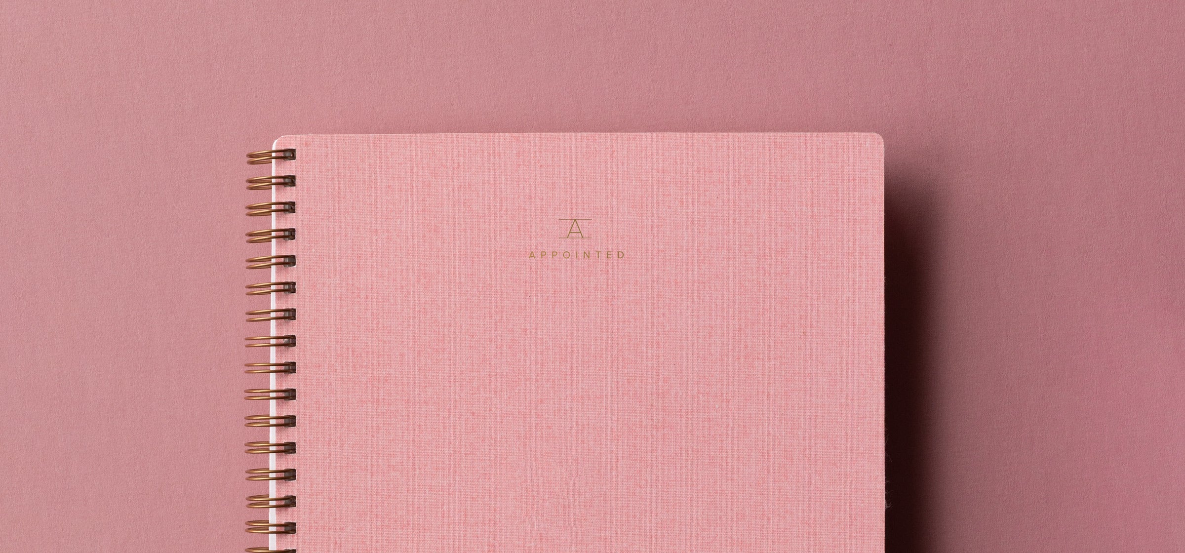 The top half of a blossom pink notebook sits agains a pink background