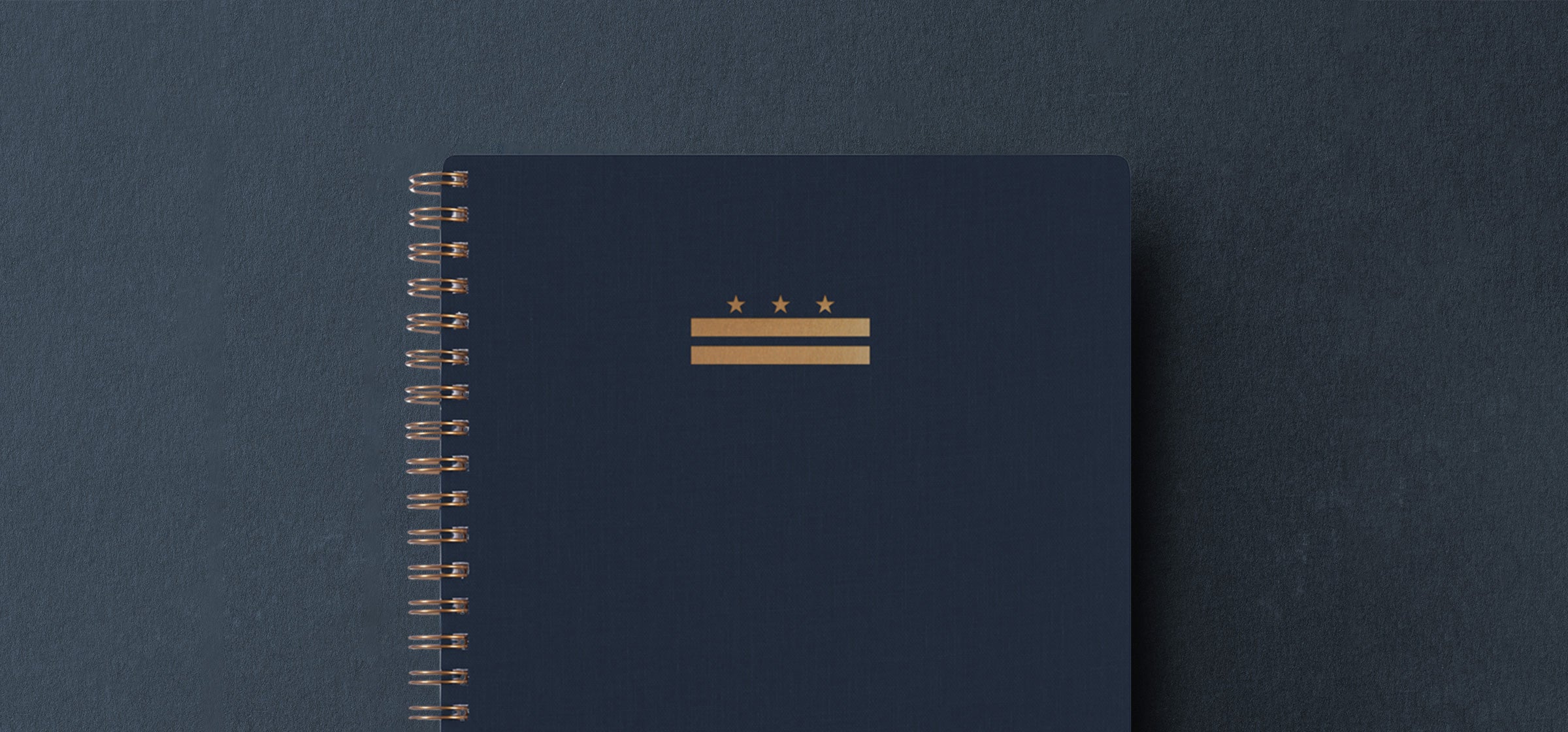The D.C. Workbook sits at navy blue background. The Workbook is oxford blue with a gold foil-stamp D.C. flag and brass wire-o binding