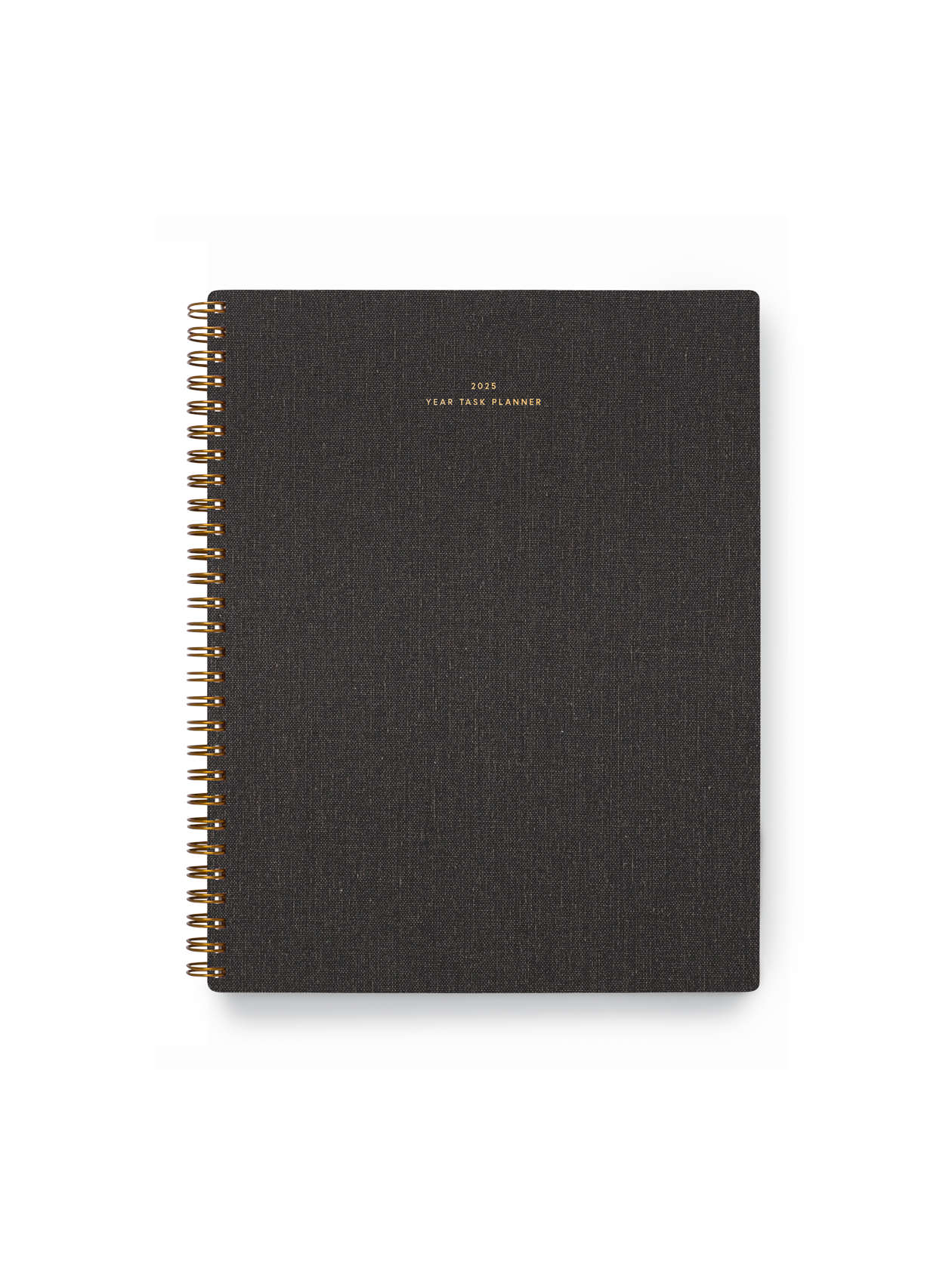 The Appointed 2025 Year Task Planner in Charcoal Gray with brass wire-o binding, foil details, and textured bookcloth covers || Charcoal Gray