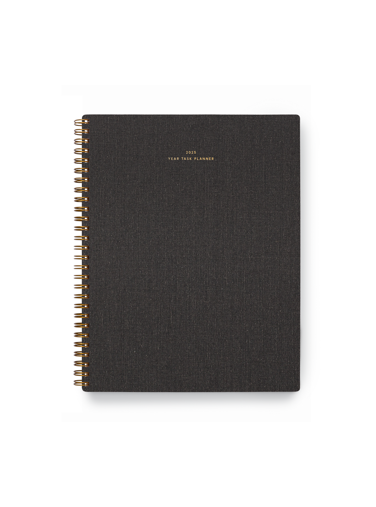 The Appointed 2025 Year Task Planner in Charcoal Gray with brass wire-o binding, foil details, and textured bookcloth covers || Charcoal Gray