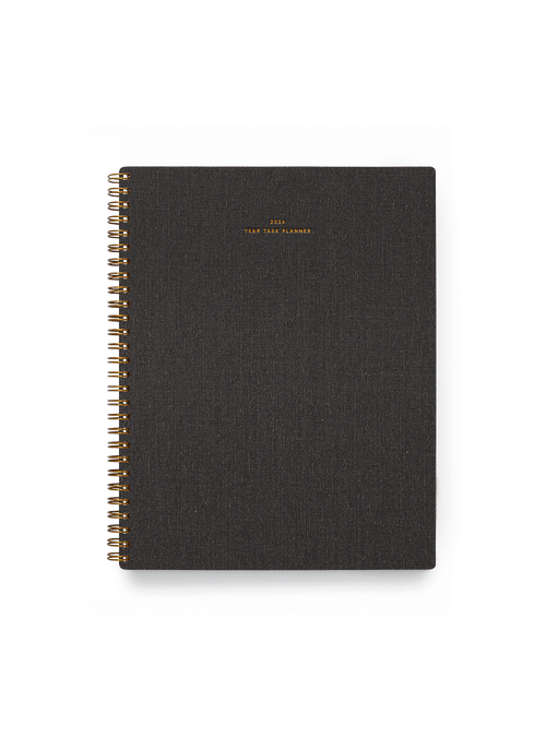 2026 Year Task Planner in Charcoal Gray bookcloth with brass wire-o binding front view