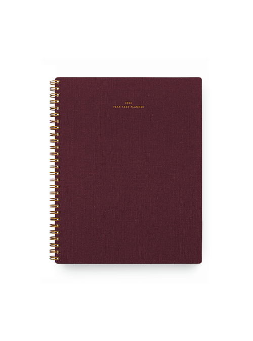 2026 Year Task Planner in Pomegranate bookcloth with brass wire-o binding front view || Pomegranate