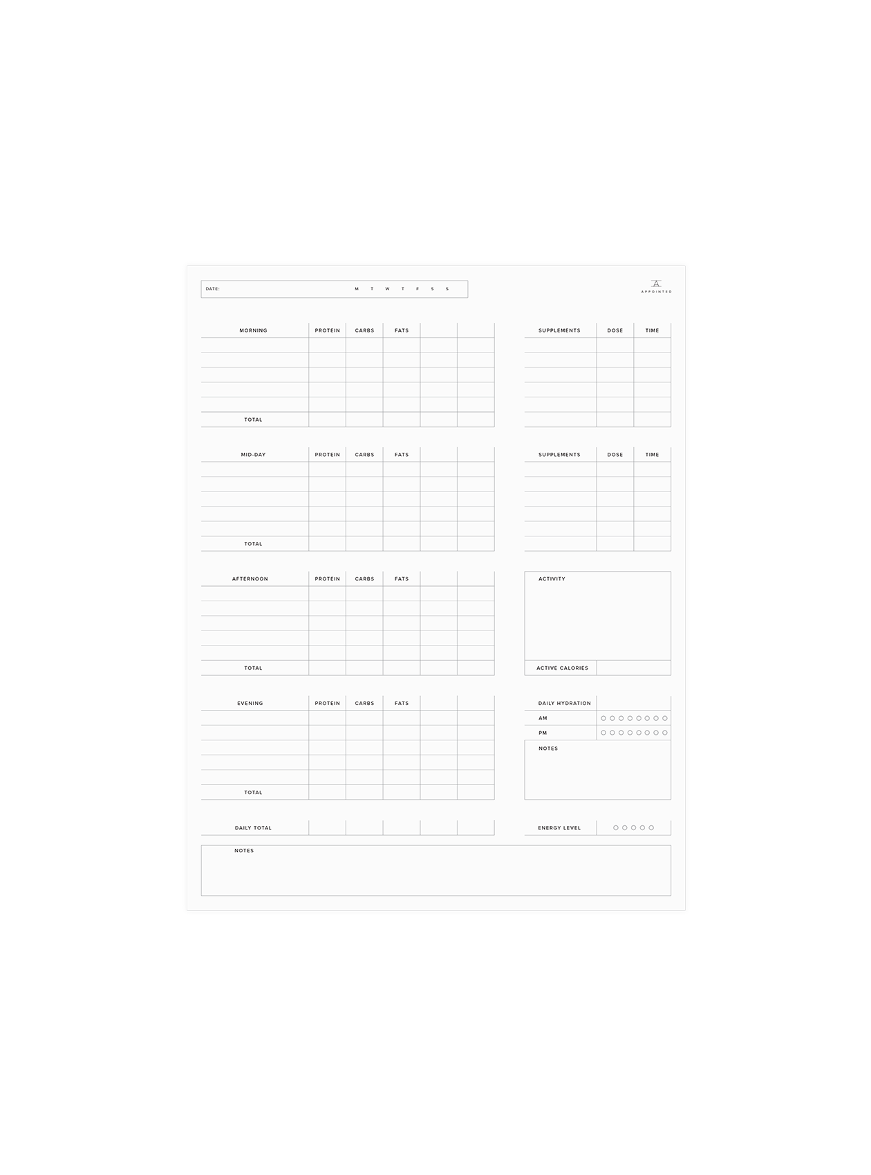 Free Printable Nutrition Tracker Digital Download – Appointed