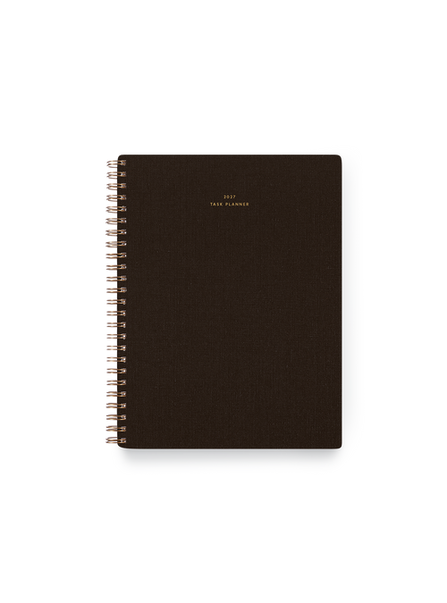2027 Compact Task Planner in Espresso bookcloth with brass wire-o binding front view || Espresso