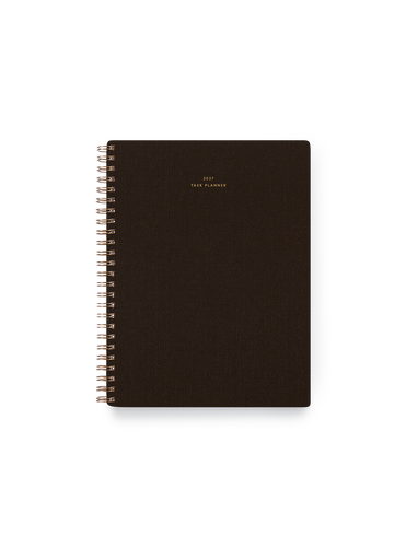 2027 Compact Task Planner in Espresso bookcloth with brass wire-o binding front view || Espresso
