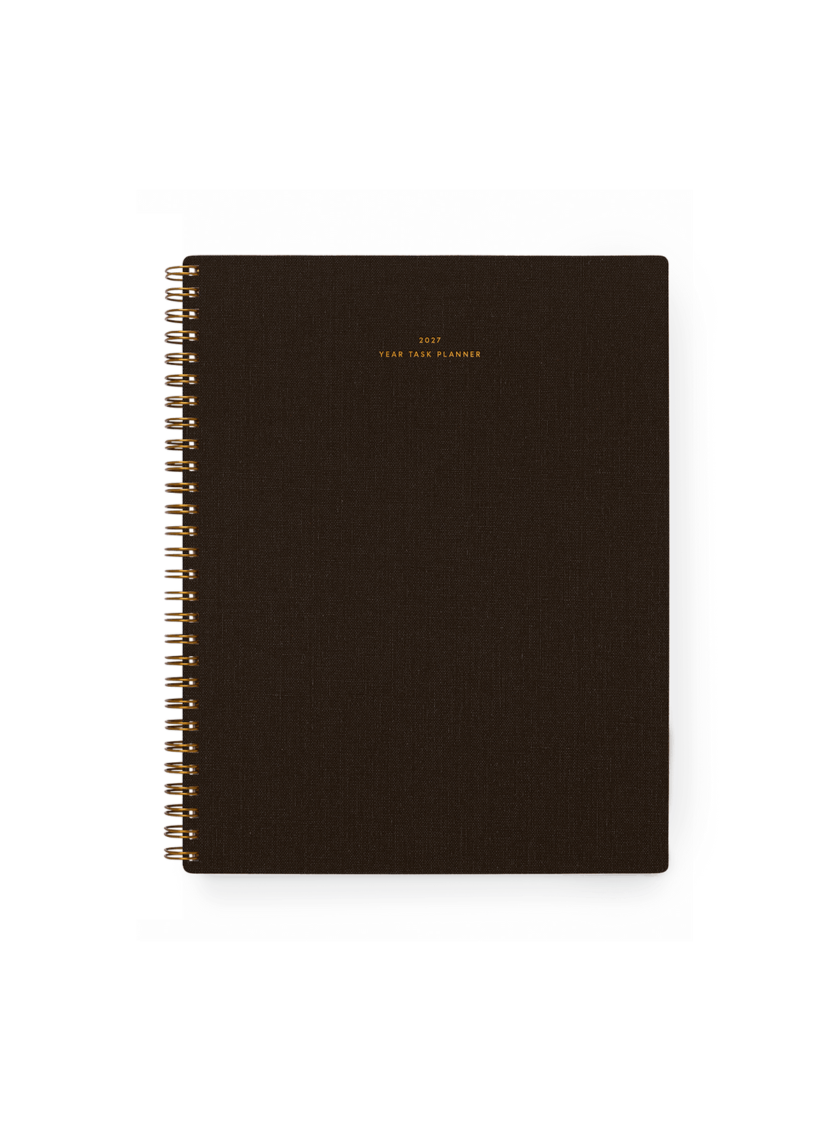 2027 Year Task Planner in Espresso bookcloth with brass wire-o binding front view || Espresso