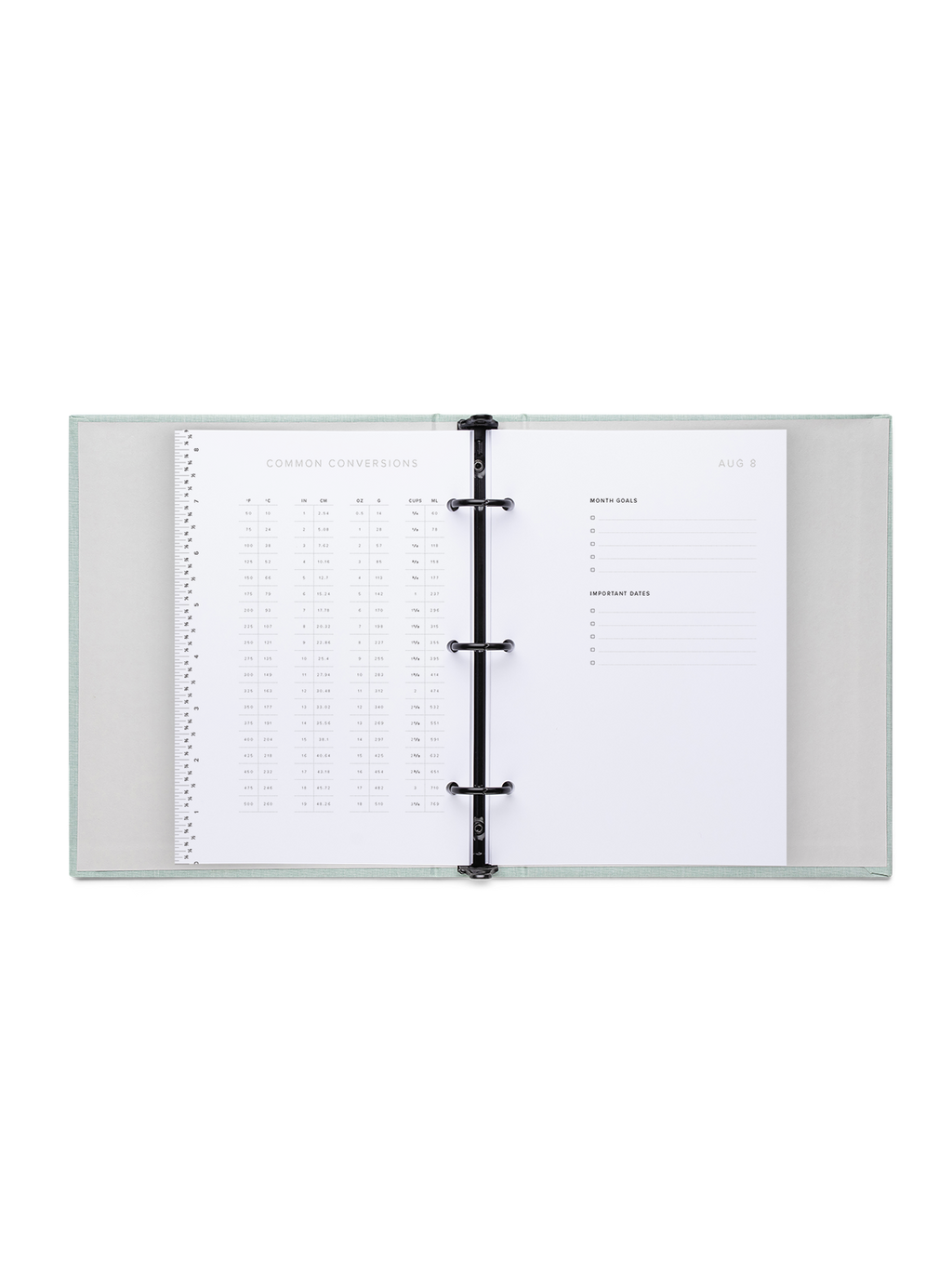 Compact Binder Planner interior  conversion chart and month goals view
