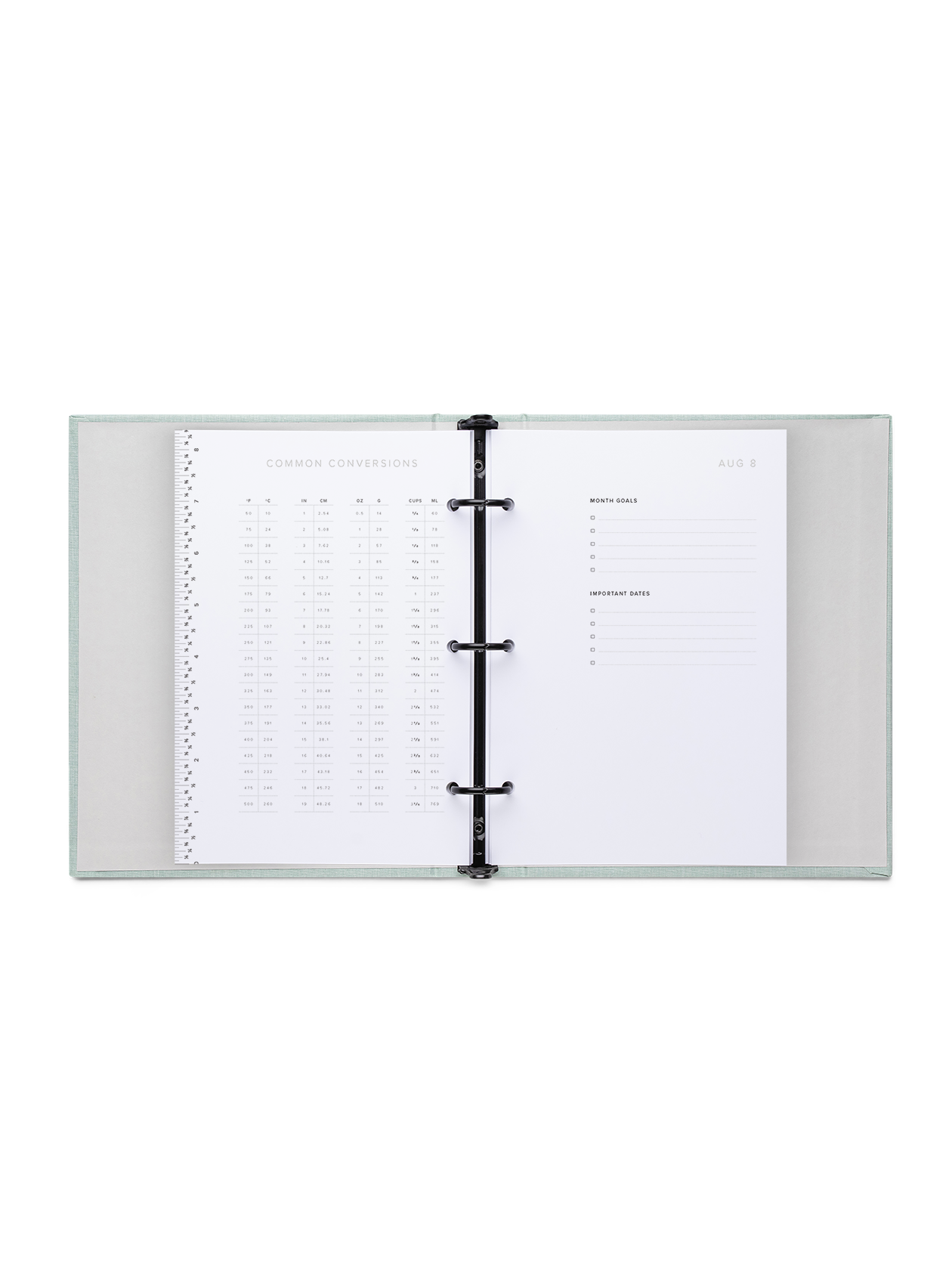 Compact Binder Planner interior  conversion chart and month goals view