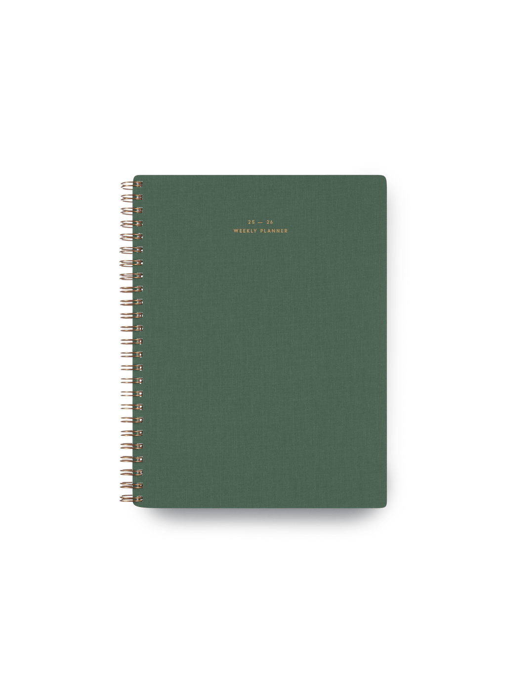 25-26 Weekly Grid Planner in Fern Green bookcloth with brass wire-o binding front view