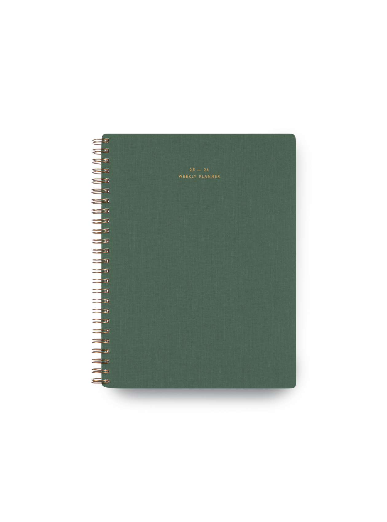 25-26 Weekly Grid Planner in Fern Green bookcloth with brass wire-o binding front view