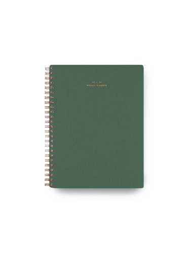 25-26 Weekly Grid Planner in Fern Green bookcloth with brass wire-o binding front view