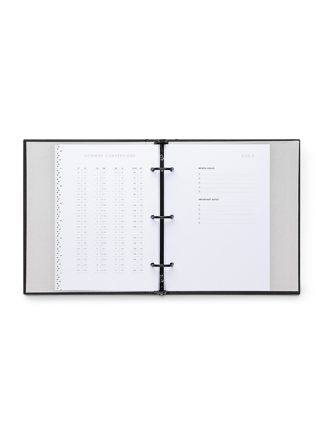 Compact Binder Planner interior  conversion chart and month goals view