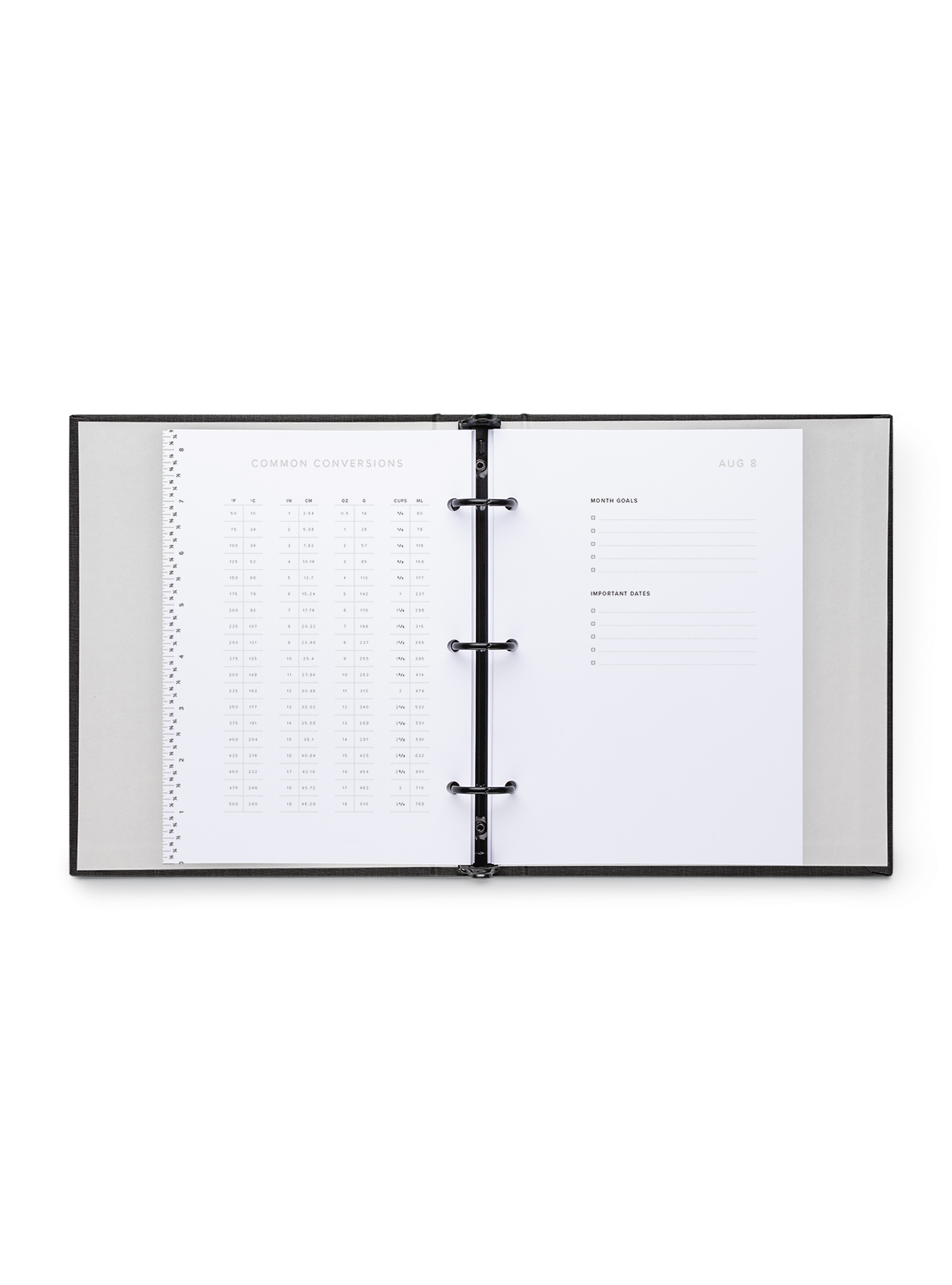 Compact Binder Planner interior  conversion chart and month goals view