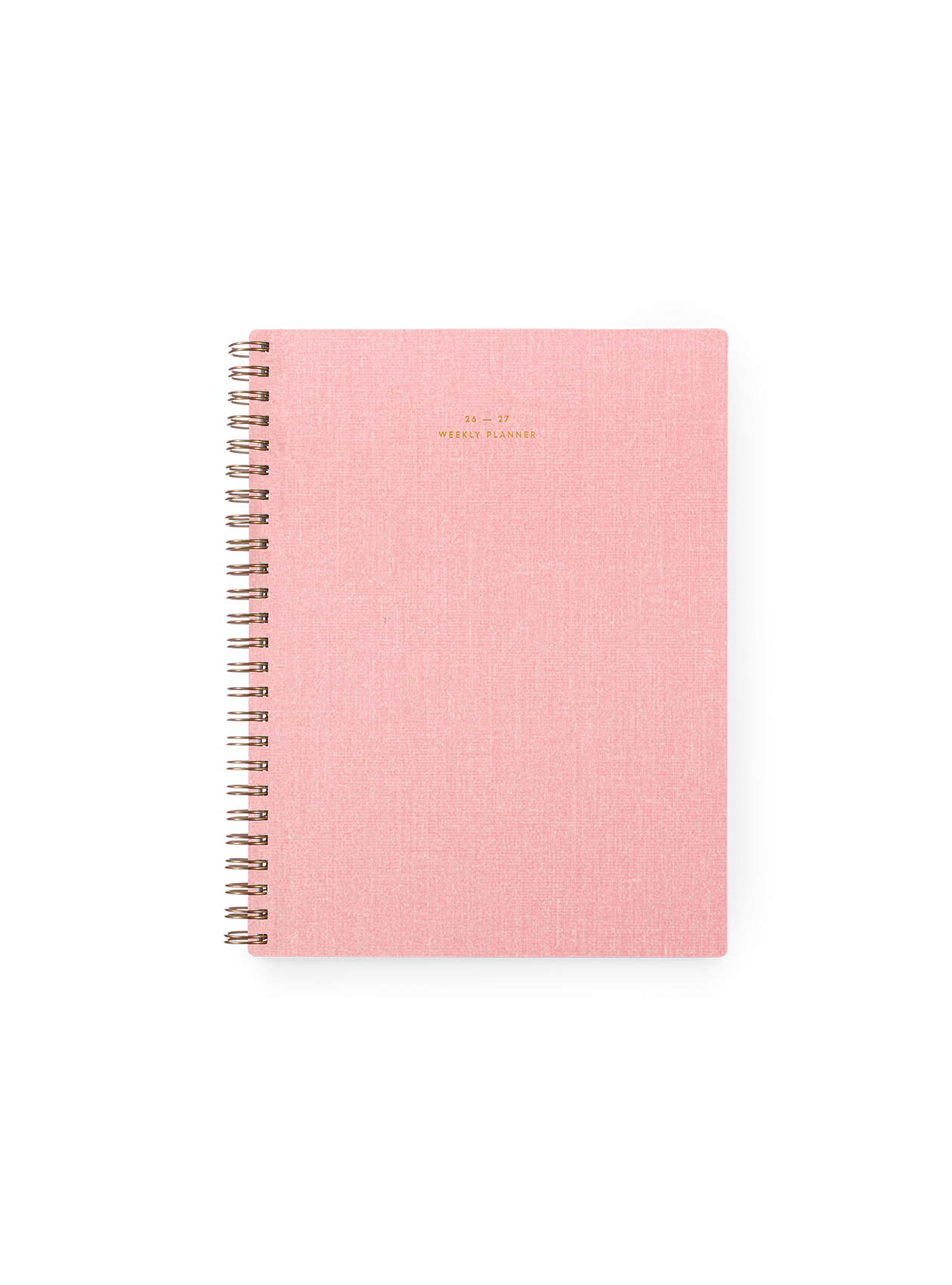 26-27 Weekly Grid Planner in Chambray Blue bookcloth with brass wire-o binding front view || Blossom Pink