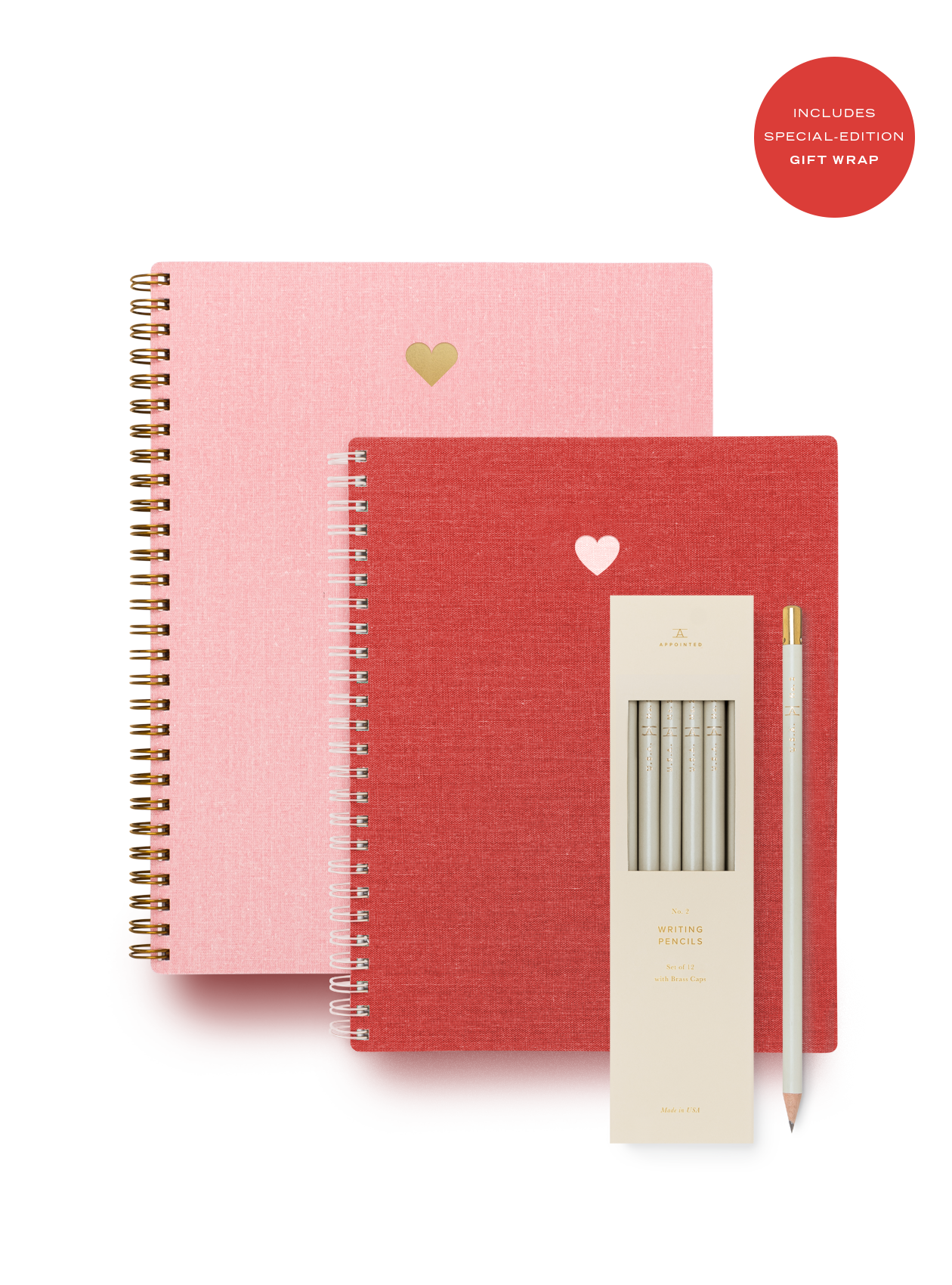 Heart Notebook Set components including Notebook, Workbook, and Pencil Set