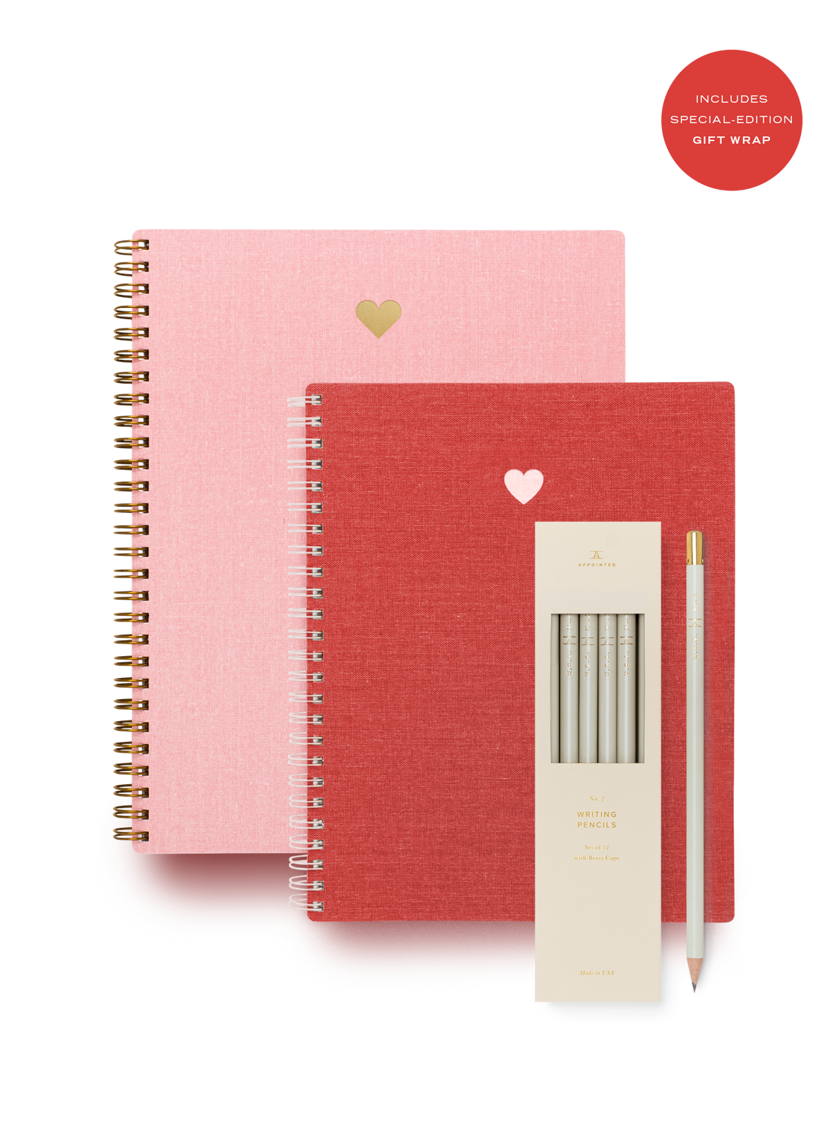 Heart Notebook Set components including Notebook, Workbook, and Pencil Set