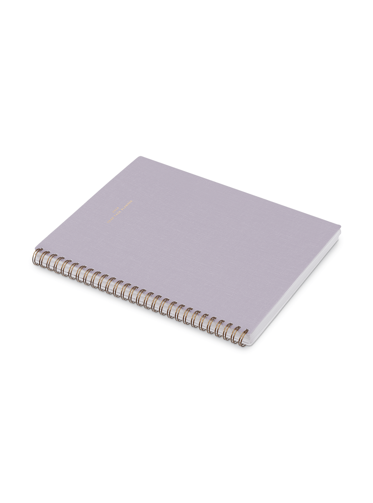 The Appointed 2024 Year Task Planner in Lavender Gray with brass wire-o binding, foil details, and textured bookcloth covers angled view