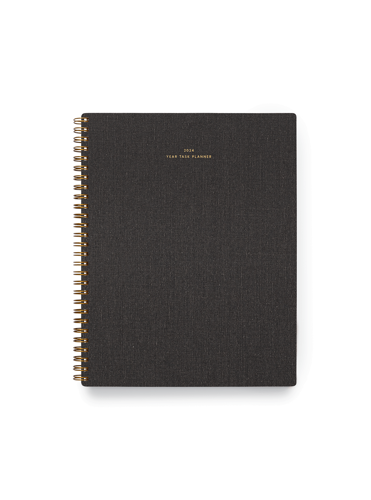 The Appointed 2024 Year Task Planner in Charcoal Gray with brass wire-o binding, foil details, and textured bookcloth covers || Charcoal Gray