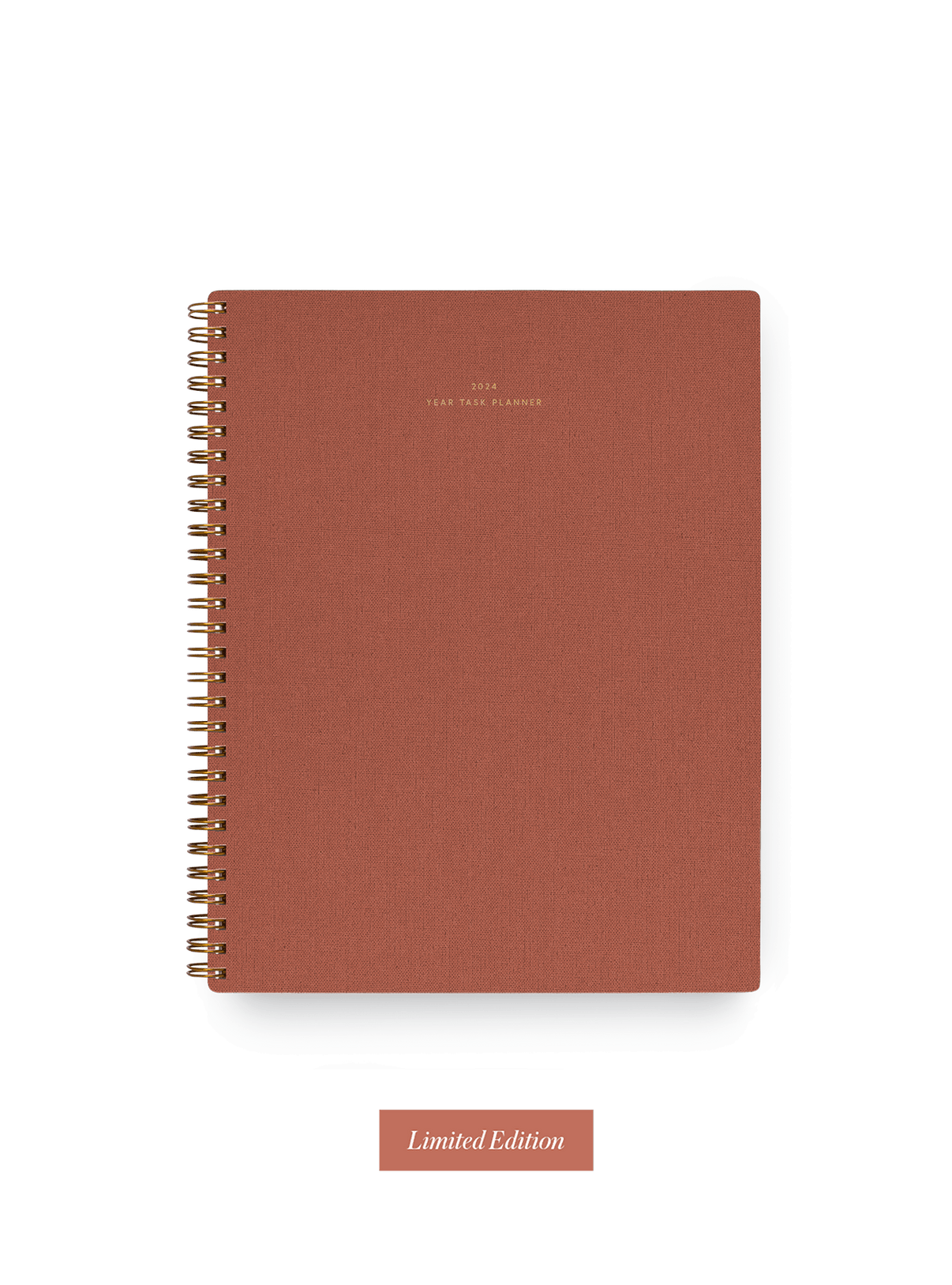 The Appointed 2024 Year Task Planner in Sienna with brass wire-o binding, foil details, and textured bookcloth covers || Sienna