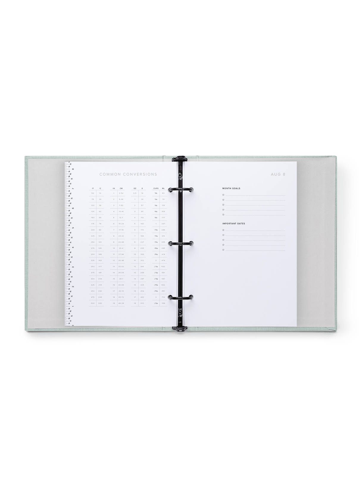 Compact binder conversion chart for metrics and monthly goal layout