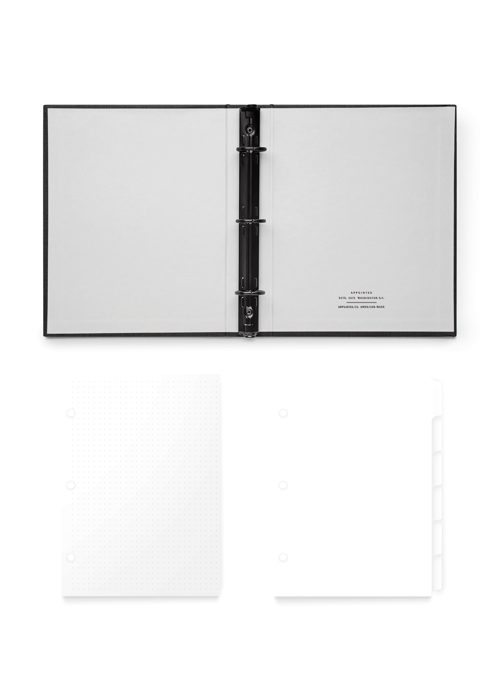 Appointed Charcoal Compact Binder open flat with Dot Grid Inserts and Tabs, front view.
