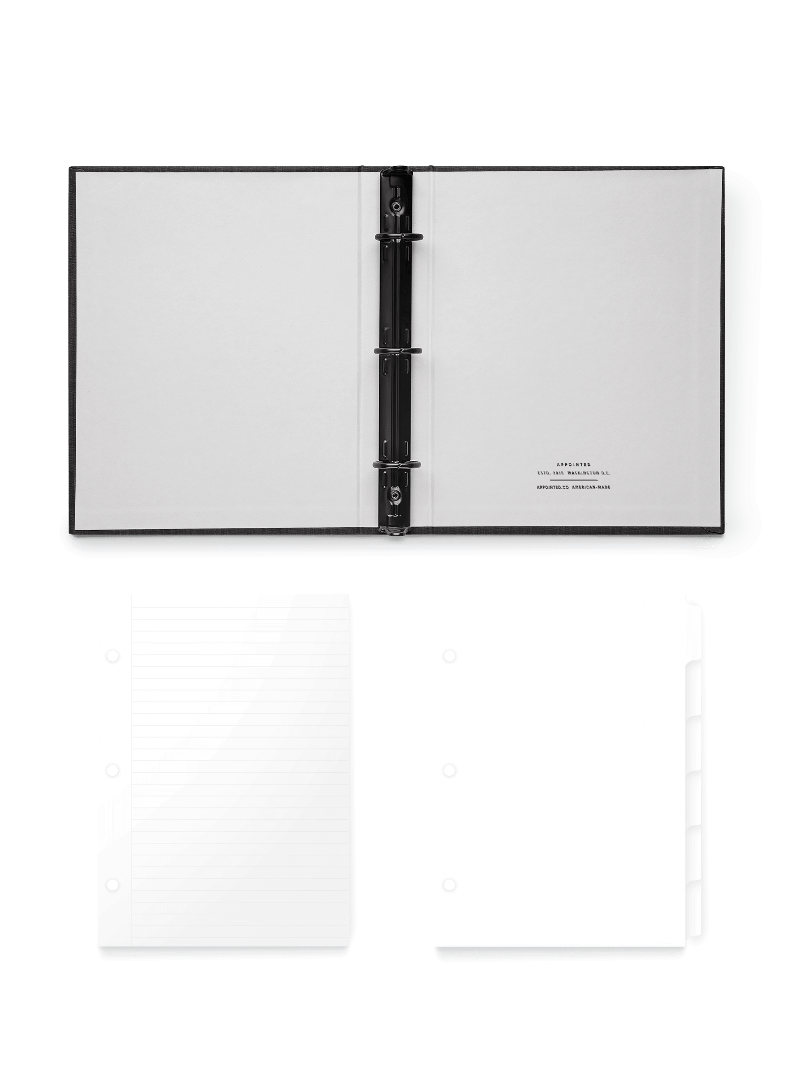 Appointed Charcoal Compact Binder open flat with Lined Inserts and Tabs, front view.