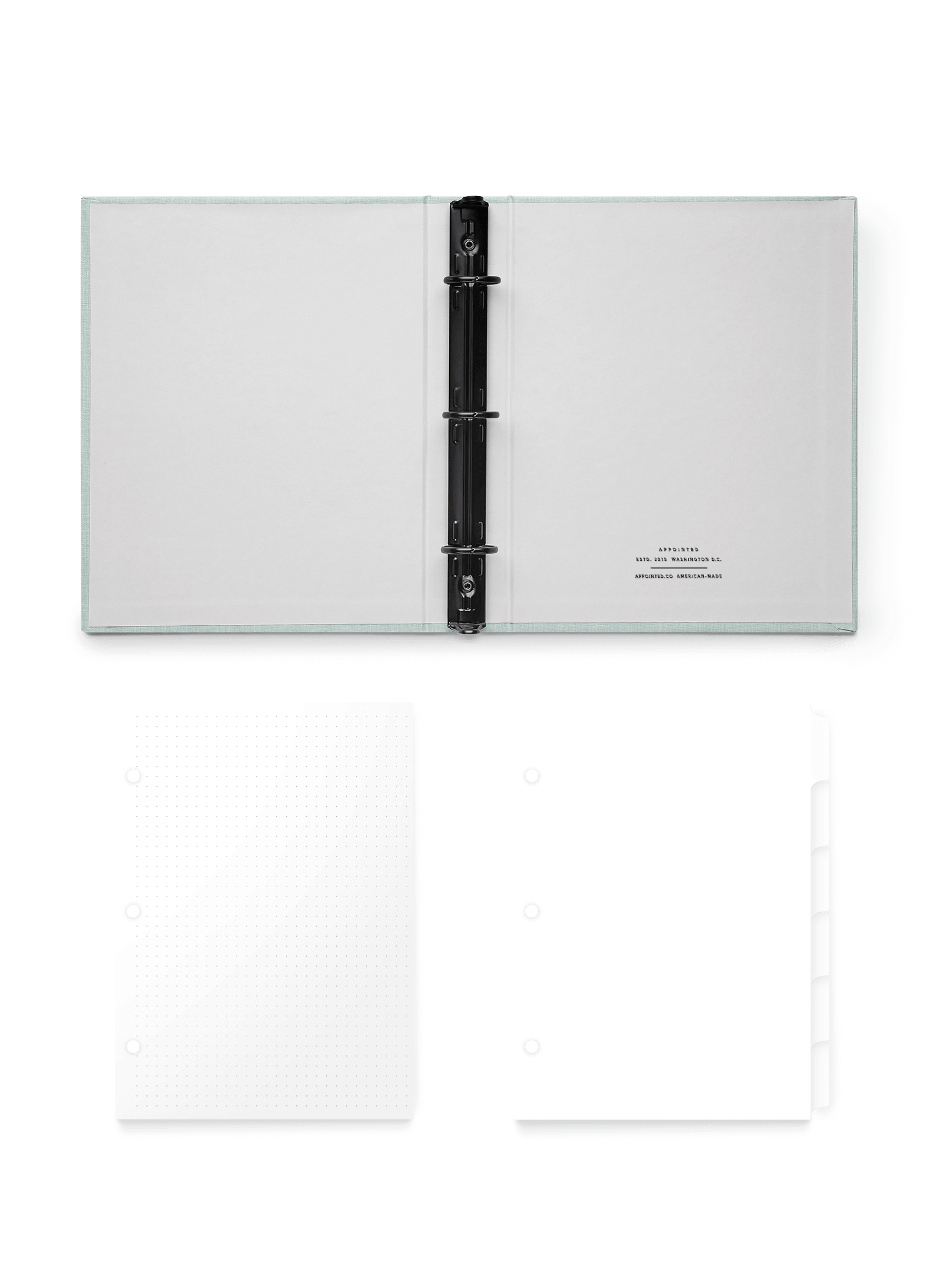 Appointed Mineral Compact Binder open flat with Dot Grid Inserts and Tabs, front view. 