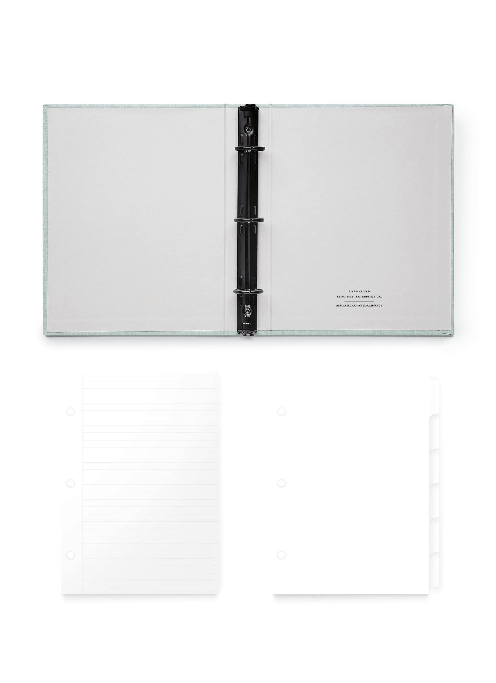 Appointed Mineral Compact Binder open flat with Lined Inserts and Tabs, front view.