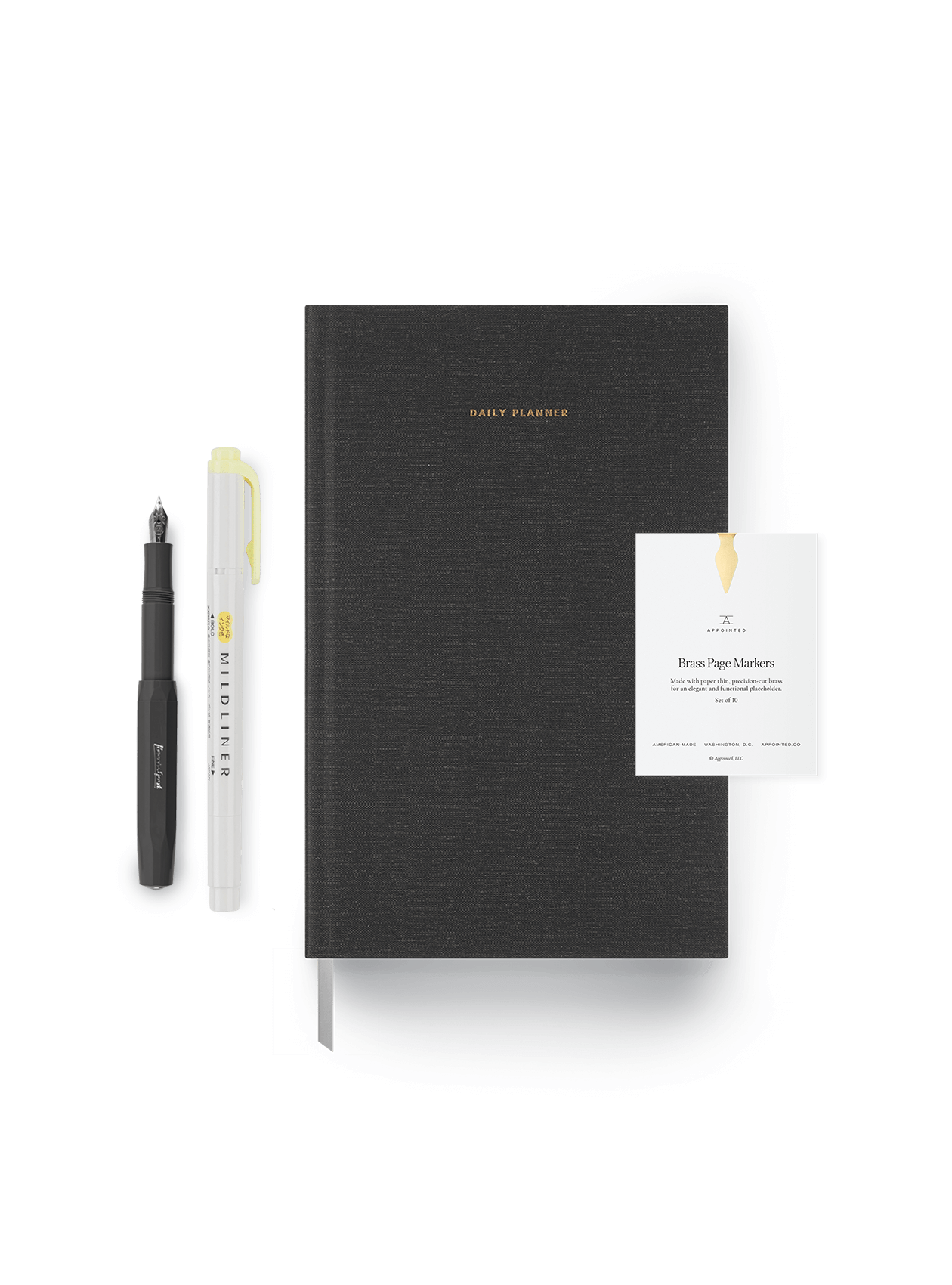 For the Graduate Set with Daily Planner, Brass Page Markers, Mildliner Highlighter, and Kaweco Ballpoint Pen