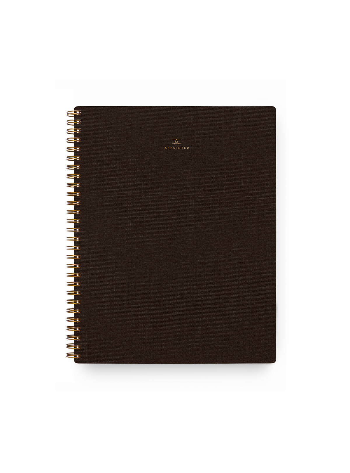 Appointed Notebook in Espresso bookcloth with brass wire-o binding front view || Espresso