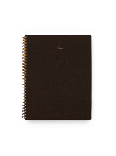 Appointed Notebook in Espresso bookcloth with brass wire-o binding front view || Espresso