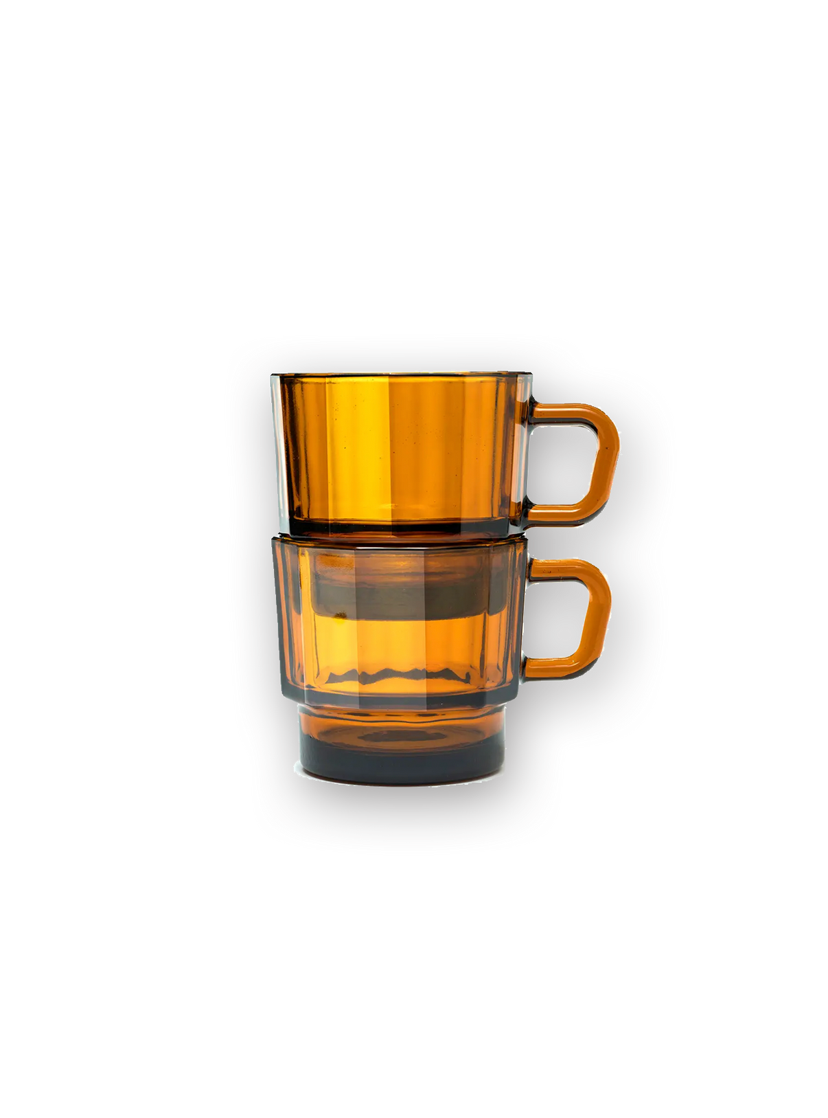 Two Amber Mugs stacked on top of one another showing they are stackable.