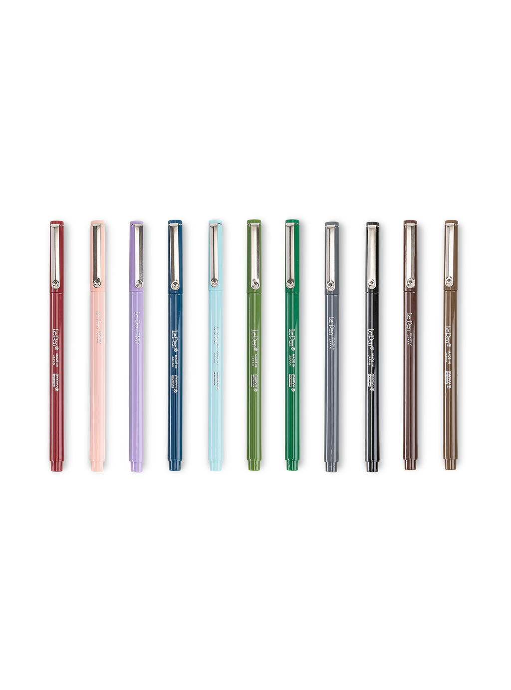 Le Pen colorways in Burgundy, Wisteria, Deep Blue, Pale Blue, Olive Green, Green, Dark Gray, Black, Brown, and Sepia