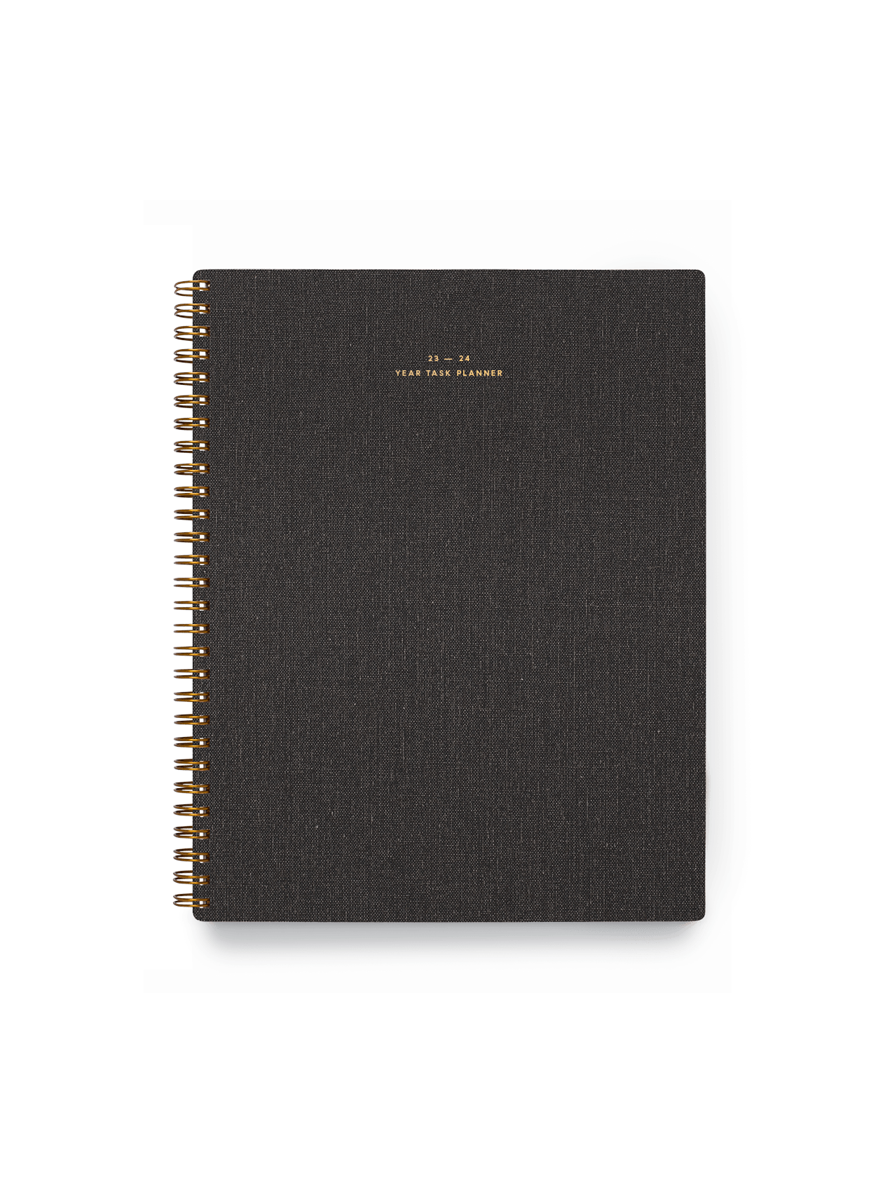The Appointed 23-34 Year Task Planner in Charcoal Gray with brass wire-o binding, foil details, and textured bookcloth covers || Charcoal Gray