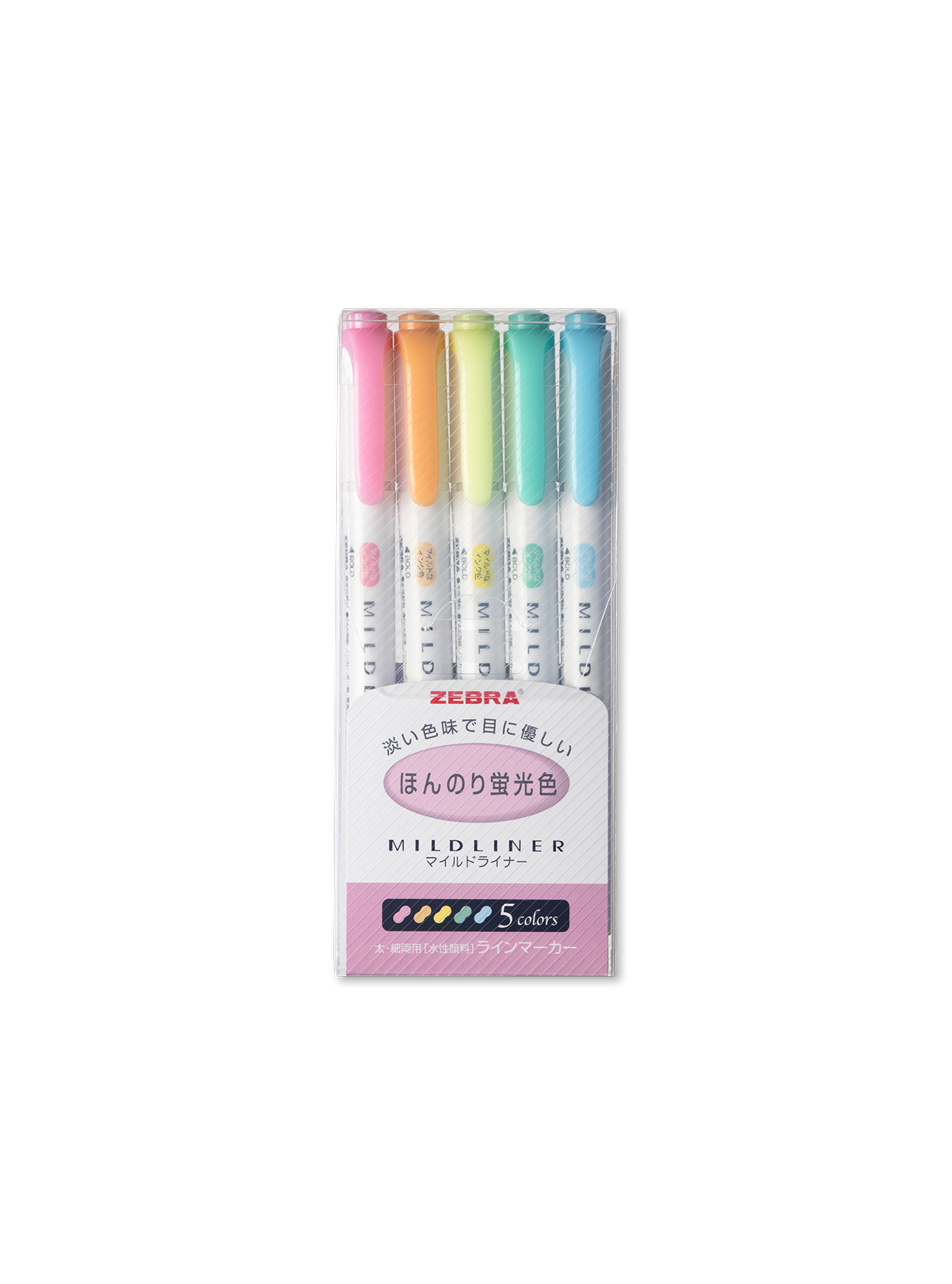 5 pastel mildliner set with double-sided highlighter inside packaging