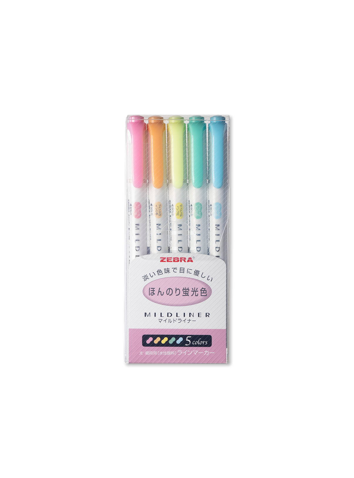 5 pastel mildliner set with double-sided highlighter inside packaging