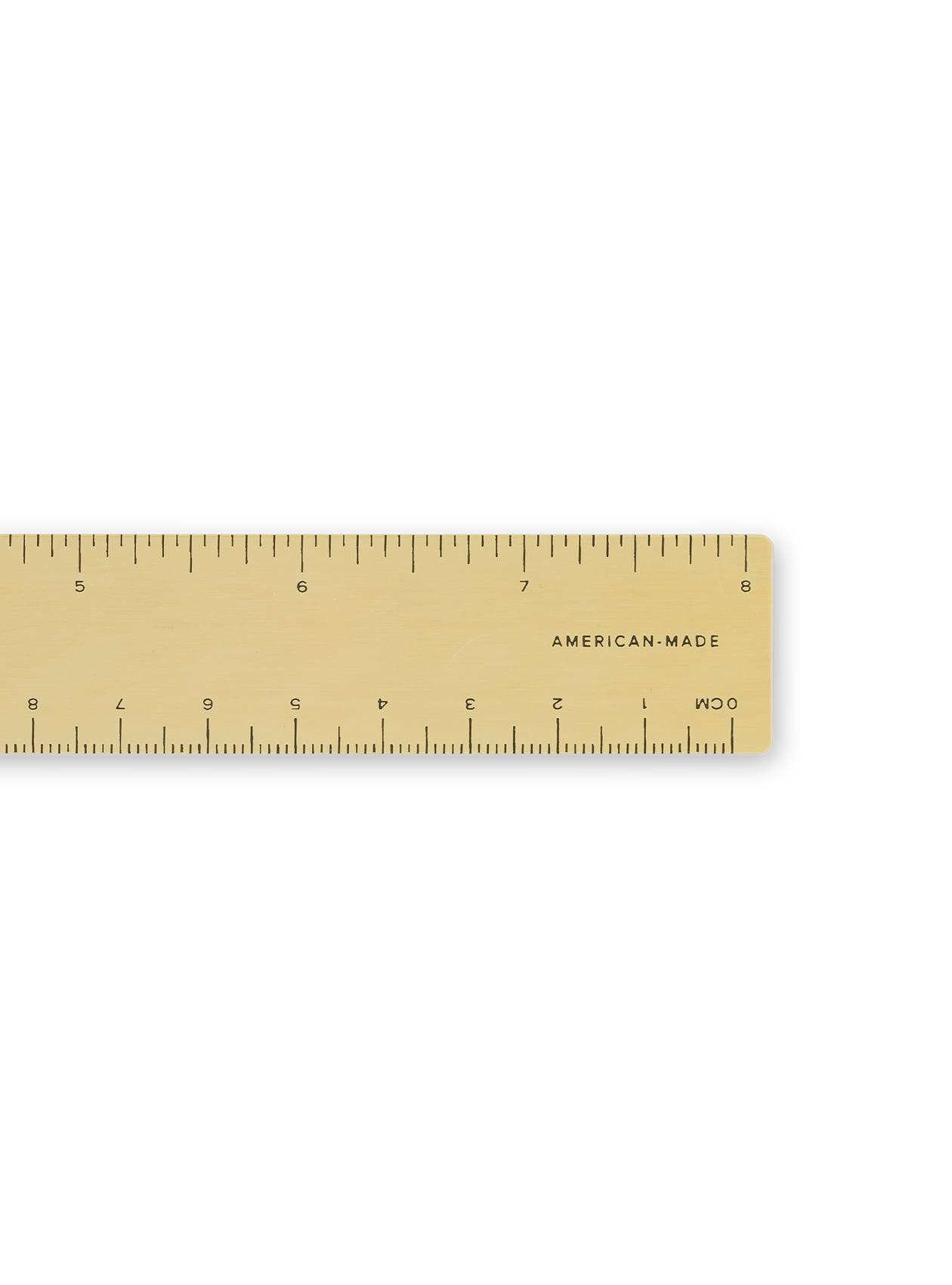 Detail shot of 8” Brass Ruler showing inches 5 through 8 || Brass