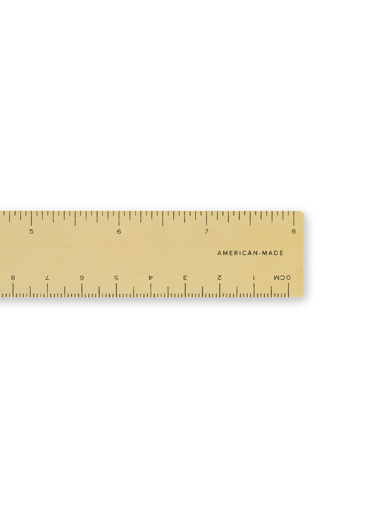 Detail shot of 8” Brass Ruler showing inches 5 through 8 || Brass