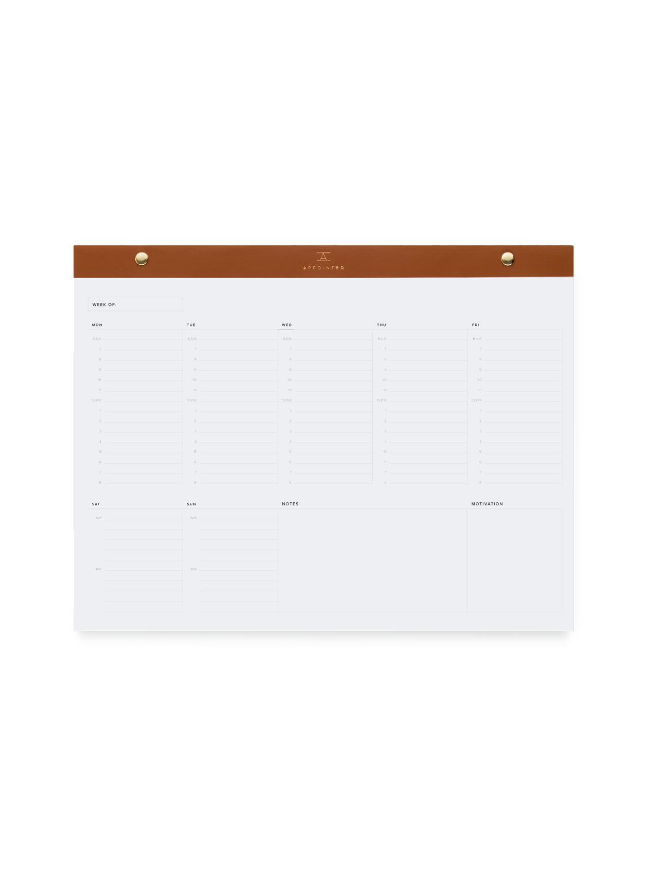 Appointed Daily Desktop Planner in Cognac, bound in leather-like material front view || Cognac
