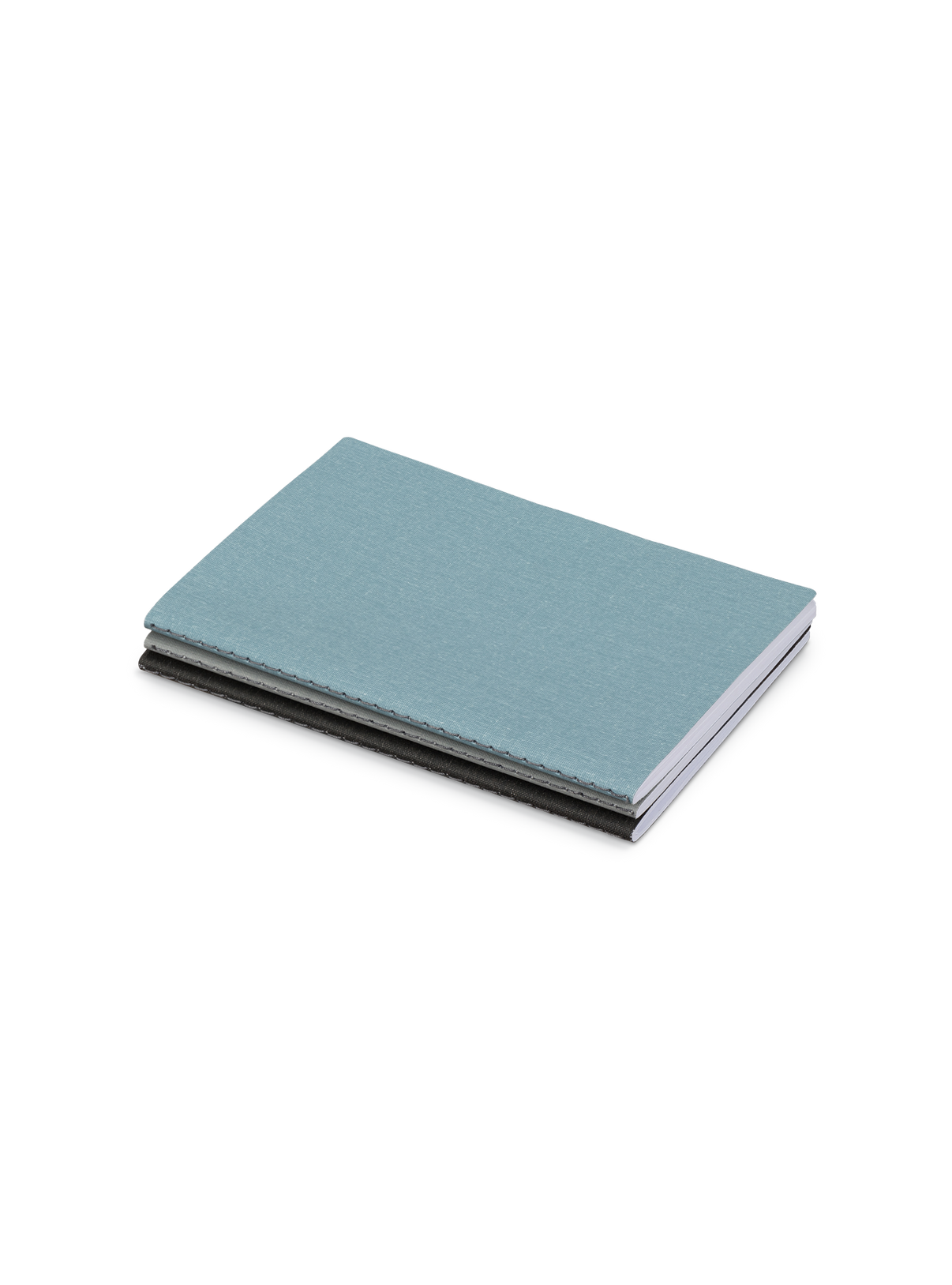 Appointed Mini Linen Jotter in Chambray Blue, Dove Gray, and Charcoal Gray bookcloth stacked angled view || Chambray Blue