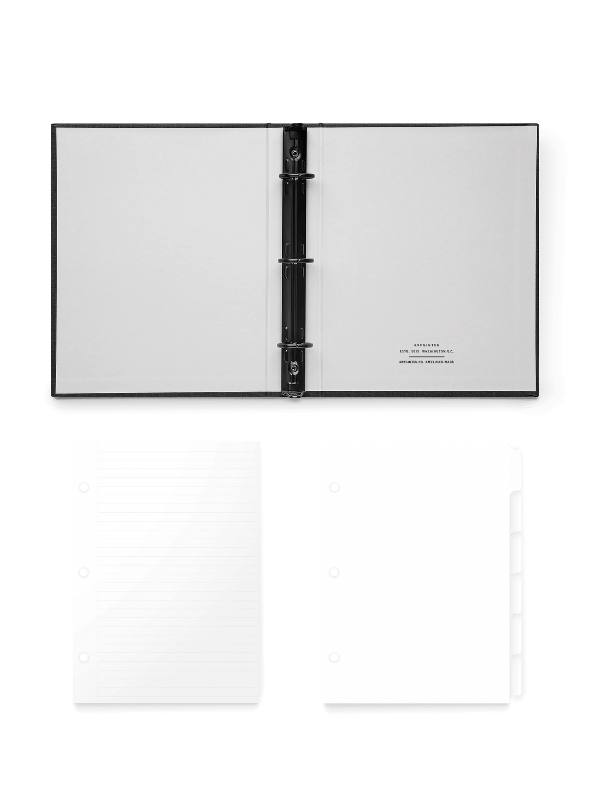 Appointed Charcoal Compact Binder open flat with Lined Inserts and Tabs, front view. || Charcoal Gray